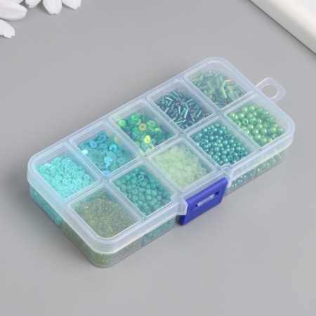 Glass 8/0, 12/0 in the box "Green" beads, glass and sequins 13x6.5x2.3 cm-2