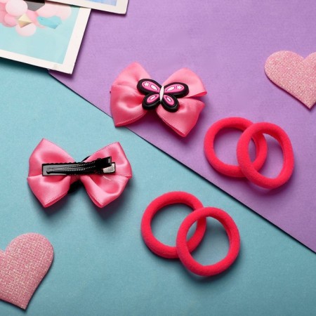 Sofia hair set (4 elastic bands, 2 clamps) Bow's bow, pink-2