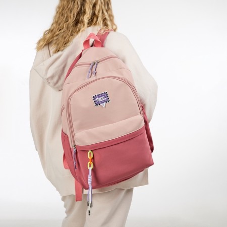A backpack with a zipper, 4 external pockets, pink color-6