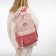 A backpack with a zipper, 4 external pockets, pink color