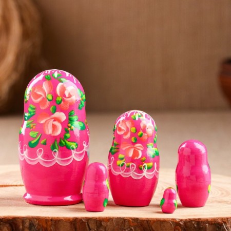 Nesting doll "rose", pink dress, 5 puppet, 10 cm-5