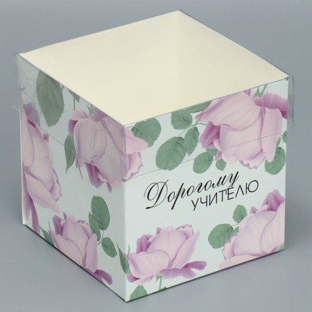 Gift box for flowers with PVC lid, packaging, “teacher”, 12 x 12 x 12 cm-2