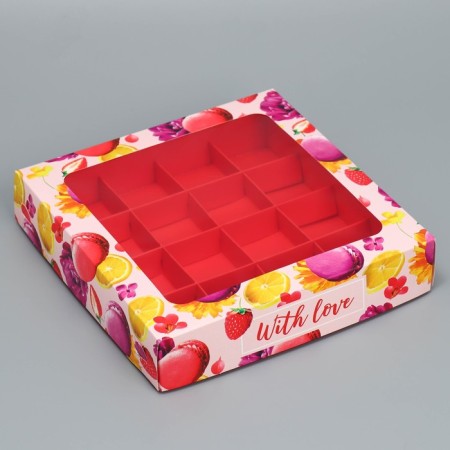 Box for sweets, confectionery packaging, 16 cells with love, 18.9 x 18.9 x 3.8 cm