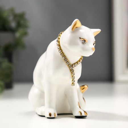 Souvenir ceramics "White cat with a necklace" with gold, rhinestones 10.2 cm-2