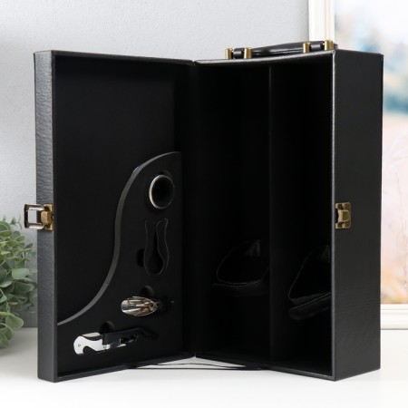 Casket Wood, leatherette for 2 bottles "Black Black" 4 items 34.5x19.5x12 cm-4