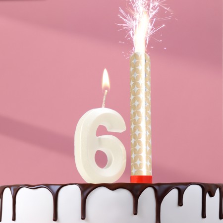 Candle in the cake "Gran + Fountain", number "6", pearl, 6.5 cm