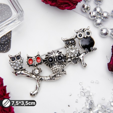 Brooch "Owl Branch", colored in black silver