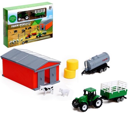 Game set "Farm", tractor, shed and animals, mix