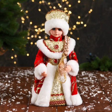 Snow Maiden "chic" in a red fur coat, with a scythe, moves, 14x30 cm