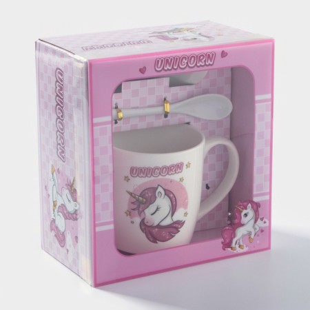 Ceramic mug with a stand and a spoon “Unicorn in Dreams”, 330 ml, Mix drawing-5