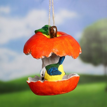 Suspended feeder for the garden and the cottage "Red Apple with a bird" from the polystone, 14cm, small