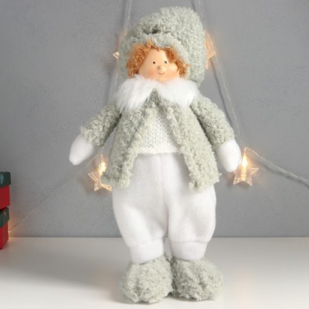 Interior doll "Boys Puhlyash in a hat with a bomb, a winter outfit" 40x22x13 cm