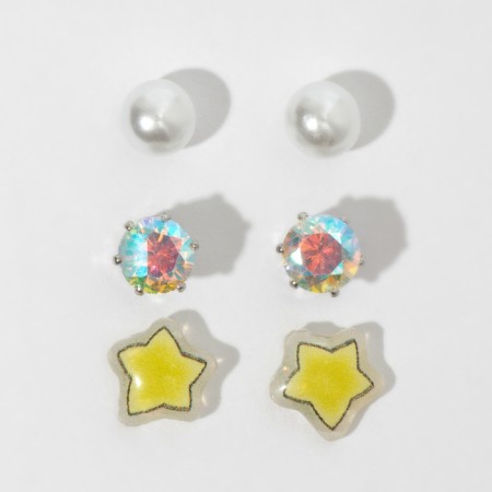 Pusets 3 pairs "Summer Stories" stars, yellow-white color in silver-4
