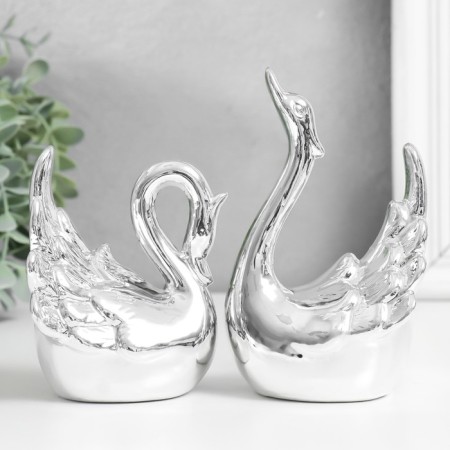 Souvenir Ceramics "Two Swan - Love" Silver Set 2 pcs 9.2x8.3 8x7.2x12.5 cm