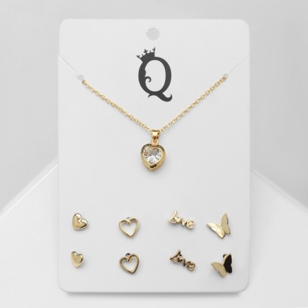 Set of 5 objects: earrings (4 pairs), a pendant “minimal” heart, color gold, 40 cm