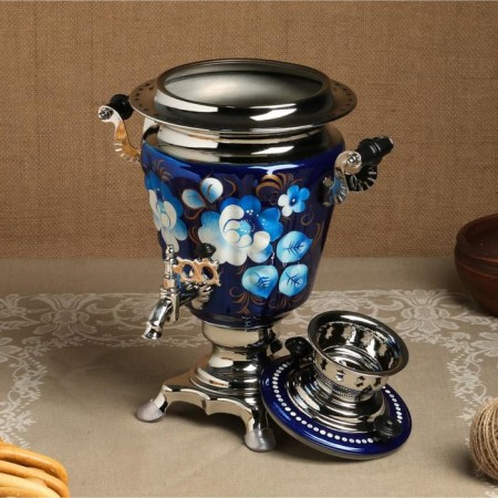 The set "Zhostovo on the blue", a glass, 3 objects, a samovar 3 l, a teapot 0.7 l, tray-14