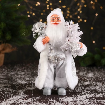Santa Claus "in a high cap, in a strap and with a bag" 30 cm, silver-white