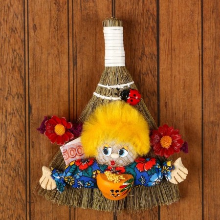 The amulet "Domovushka Tyukha", on a broom, mix-8
