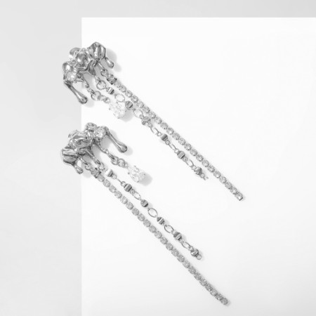 Hanging earrings with rhinestones "melting" trio, white color in silver-2
