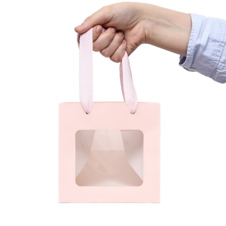 Gift package, craft, with a window, "pink", 15 x 15 x 15 cm