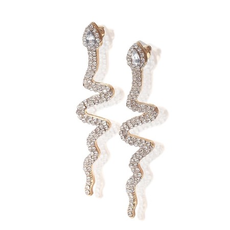 Hanging earrings with the rhinestones "snake" curved, white color in gold, 5.7 cm-2