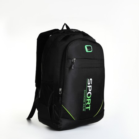 Young backpack from textiles with a zipper, 4 pockets, black/green color-2