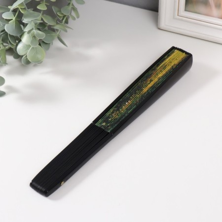 Fan plastic, textile h = 26.5 cm "Green Garden on the Yellow Background"-2