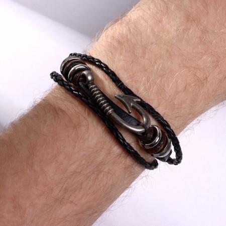 Bracelet male "style" hook, black color with black silver, 21.5 cm-1