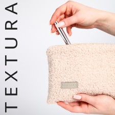 Cosmetic bag with lightning, textura, beige color