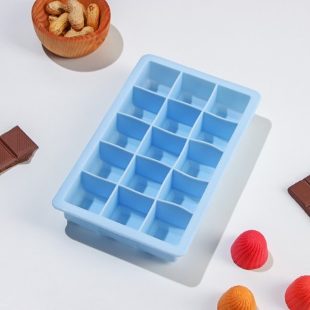 Form for ice “Cube”, silicone, 11.7 × 18.7 × 3.4 cm, 15 cells (3.4 × 3.4 cm), blue color-3