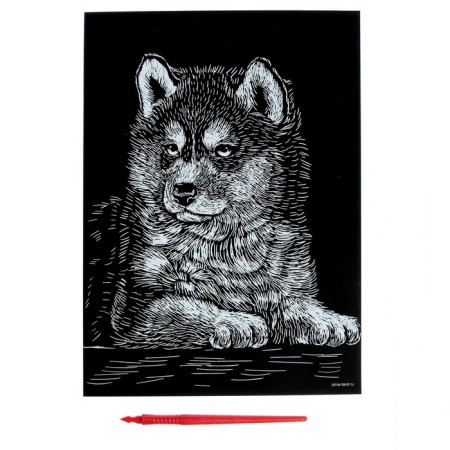 Engraving "Puppy Husky" with a metallic effect "silver" A4-3