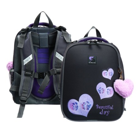 School backpack 38 x 30 x 16 cm, ergonomic back, stavia "paws in the hearts", gray