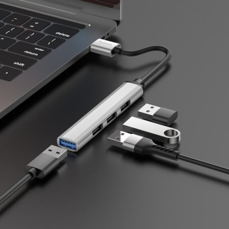 Adapter Hoco HB26, 4 V 1, USB - USB3.0/USB2.0*3, cable length 13 cm, silver-3
