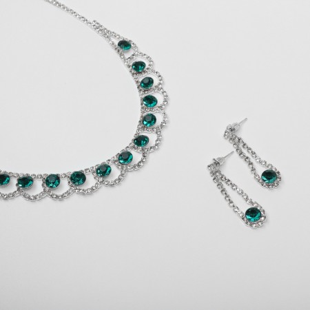 Set 2 objects: earrings, necklace “Listopad” circles, emerald white color in silver, 32 cm-1