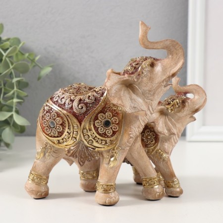 Polystone souvenir "Elephant with an elephant, flowers and patterns on the blanket" Gold and Bezh 15.5x10x16 cm-3
