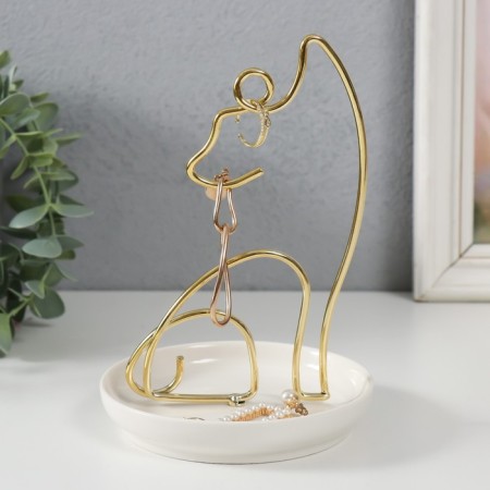 Souvenir ceramics, metal stand "cat" white with gold 12x12x17 cm