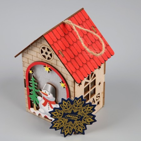 Christmas tree toy "House with a snowman", from batteries, a glow of warm white-2