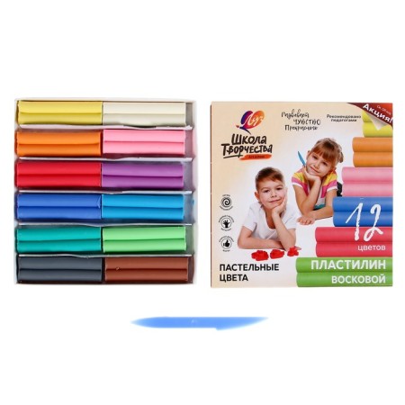 Soft plasticine (wax), 12 colors, 180 g, "School of Creativity", with a glass