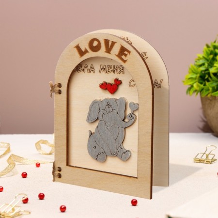 Wooden postcard "Love" Handwork, light, elephant, 12x8 cm-3
