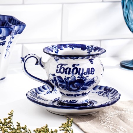 Tea couple "Granny", 15x15x10 cm, 300 ml, gzhel