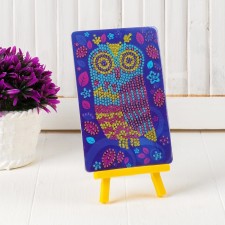 Diamond embroidery with a partial filling of “owl”, with a stand, size of the picture: 10 × 15 cm
