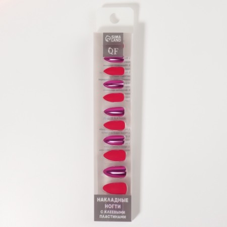 Patch nails, 12 pcs, with adhesive plates, almond shape, matte/chrome, red, pink-3