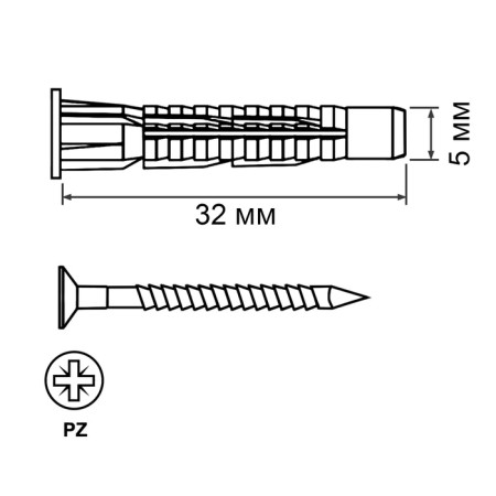 Dowel-gvo bison, universal, with a screw, polypropylene, 5x32 mm, 12 pcs-6