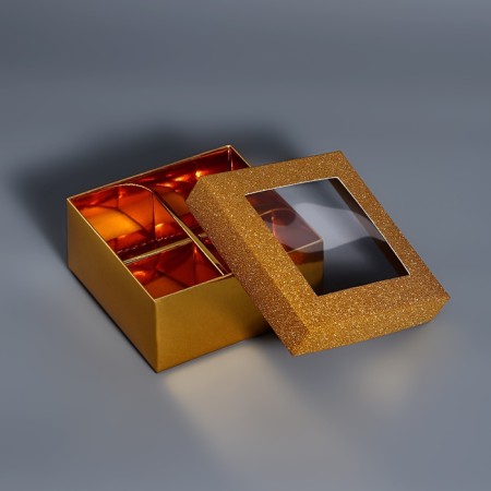 Box for 4 sweets gold glitter, 8.5 x 8.5 x 4 cm. Confectionery packaging-3