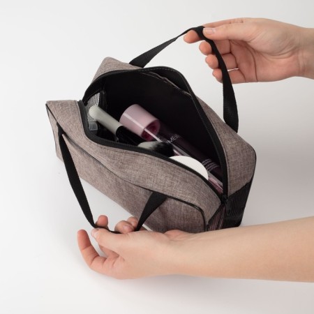 Cosmetic bag on a zipper, with a grid, brown color-2