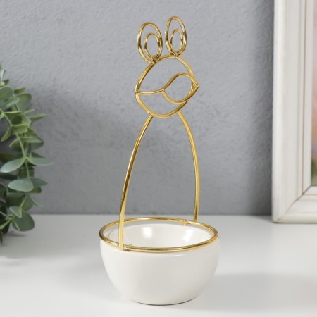 Souvenir ceramics, metal stand "Frog" white with gold 9x8x18 cm-2