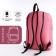 A backpack with a zipper, external pocket, pink color