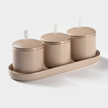 A set of ceramic cans with spoons on the stand "Pastel", 3 items: 250 ml, beige color
