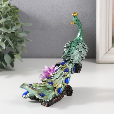Polystone souvenir "Green peacock on a snag with a flower" 13.7x13.2x7.5 cm-3