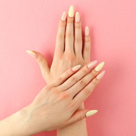 Summer Vibe patch nails, 24 pcs, adhesive plates, ballerina shape, glossy pink/beige/blue color-8